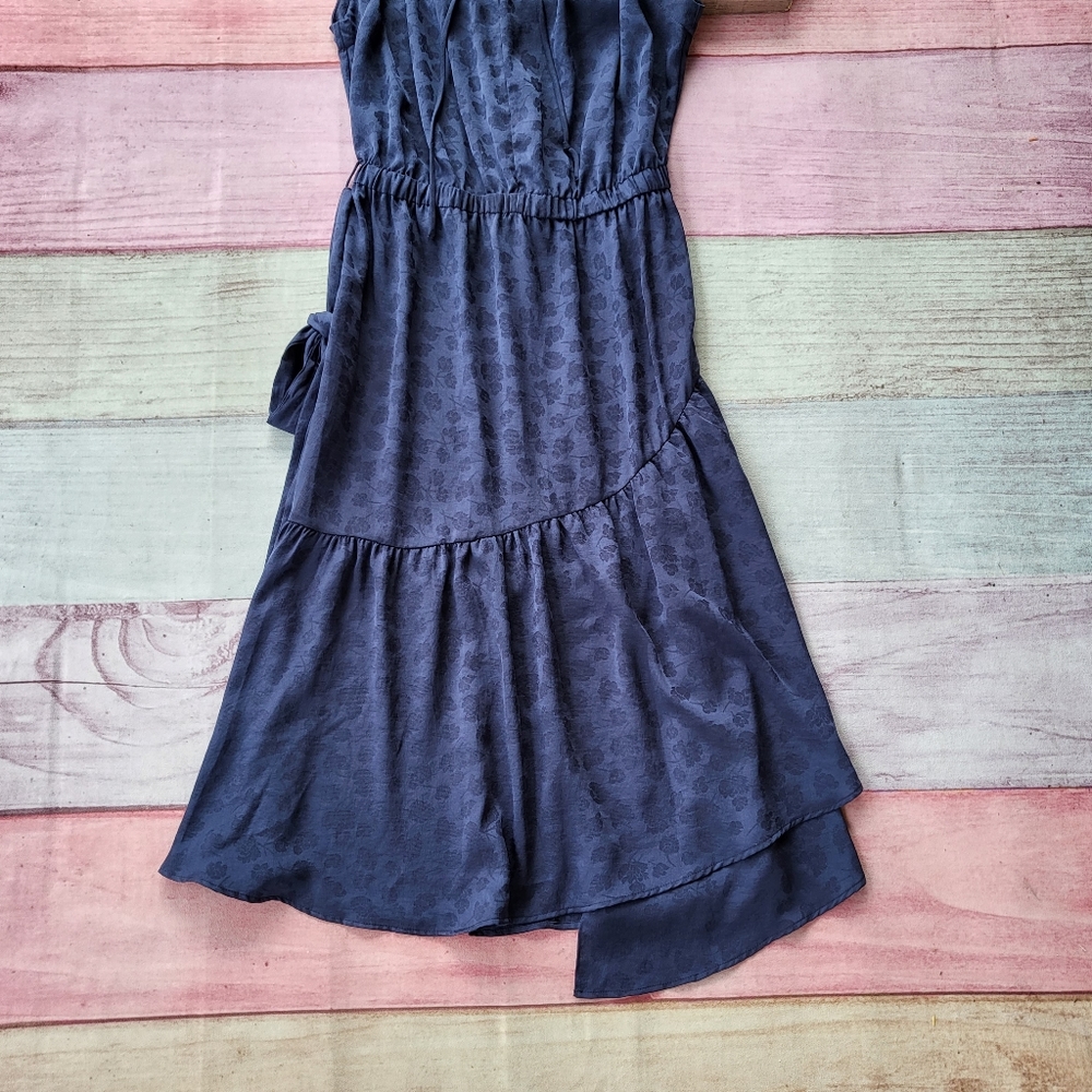 Current Air Navy Floral Print Asymmetrical Ruffle Hem Midi Dress Size Large - Picture 3 of 6